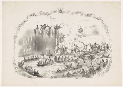 Caricatura que representa los planes de Thorbecke para abolir la Universidad de Ciencias Aplicadas de Utrecht, 1863 Una batalla entre dos elementos poderosos (título sobre objeto) de Carel Hendrik Thiebout