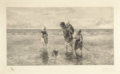 Cuatro niños juegan con un bote de juguete en la playa en aguas poco profundas hijos del mar de Carel Lodewijk Dake