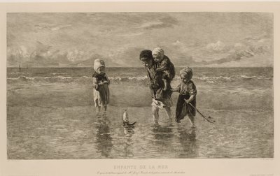 Cuatro niños juegan con un barco de juguete en la playa en aguas poco profundas
Niños del mar
Enfants de la mer (título en el objeto) de Carel Lodewijk Dake