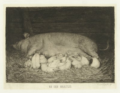 Cerda con lechones tumbada en el establo
Después de la comida (título en el objeto) de Carel Lodewijk Dake
