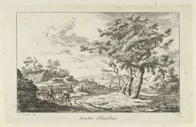 Cazadores con un perro en un sendero Buyten Haarlem (título sobre el objeto) Paisajes (a-f) (título de la serie) de Carel Lodewijk Hansen