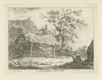 Figura sentada junto a un granero Te Tinaerlo en Drenthe (título sobre objeto) Paisajes (1-6) (título de la serie) de Carel Lodewijk Hansen