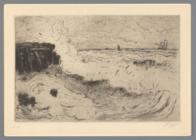 Mar salvaje con un velero en un muelle de Carel Nicolaas Storm van 