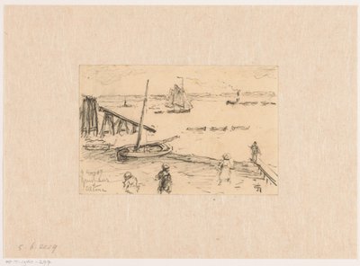 Vista del Elba en Altona, con barcos de pesca y bañistas de Carel Nicolaas Storm van 