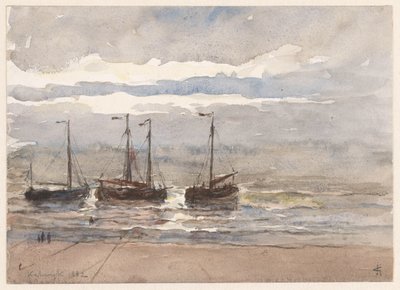 Barcos de pesca en la playa de Katwijk cuando sube la marea de Carel Nicolaas Storm van 