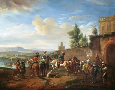 Una partida de caza junto a una casa de campo de Carel van Falens or Valens