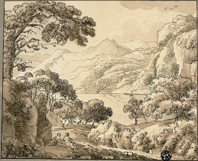 Lago de montaña con dos figuras de Carl August Lebschee