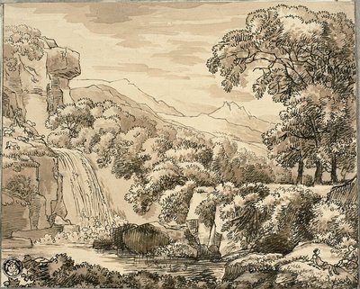 Paisaje de montaña con cascada y figuras de Carl August Lebschee