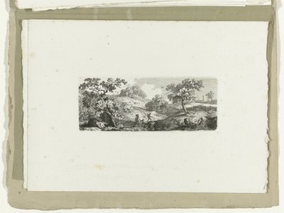 Viajeros junto a un arroyo en un paisaje de colinas
Dieciséis paisajes (título de la serie) de Carl August Lebschee