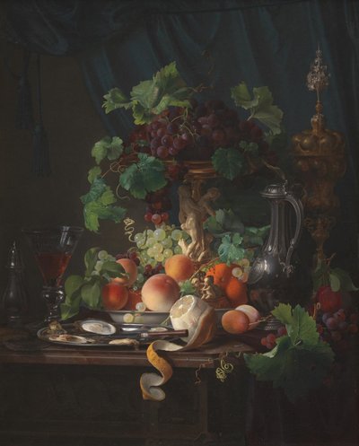 Bodegón con copa de vino, ostras, limón y otras frutas de Carl Balsgaard