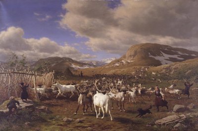 Una manada de renos llevada al lugar de ordeño. Motivo de las montañas altas al norte de Røros de Carl Bøgh