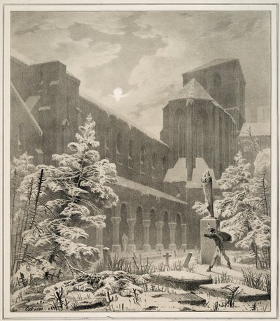 Iglesia y cementerio en la nieve a la luz de la luna de Carl Blechen