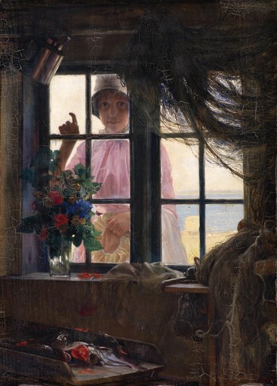 Después del baño. Una joven llamando a la ventana del pescador de Carl Bloch