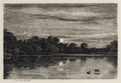 El estanque de Bondedammen en Hellebæk. Luz de luna de Carl Bloch