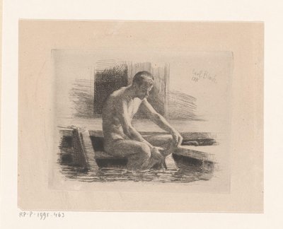 Hombre desnudo sentado en unas escaleras junto al agua de Carl Bloch