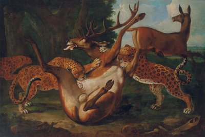 Leopardos atacando ciervos en un paisaje de Carl Borromaus Andreas Ruthart
