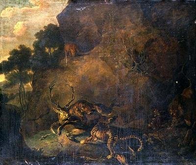 Tigres atacando a un ciervo en un paisaje rocoso de Carl Borromaus Andreas Ruthart