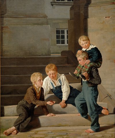 Niños jugando a los dados frente al Castillo de Christiansborg, Copenhague, 1834 de Carl Christian Constantin Hansen