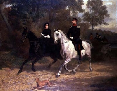 Una dama y un oficial, posiblemente el príncipe heredero y la princesa de Prusia, montando en un parque de Carl Constantin Steffeck