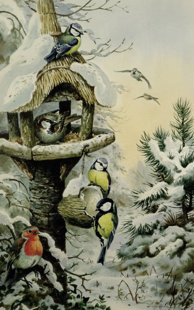 Mesa de aves invernal con herrerillos, carboneros, gorriones y un petirrojo de Carl Donner