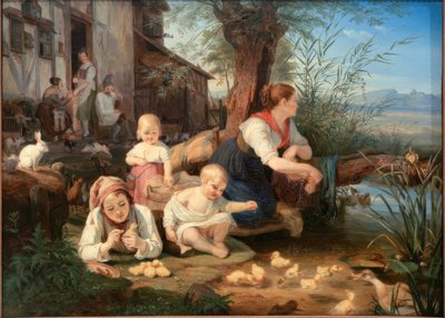 Madre con niños en el estanque del pueblo de Carl Engel von Rabenau