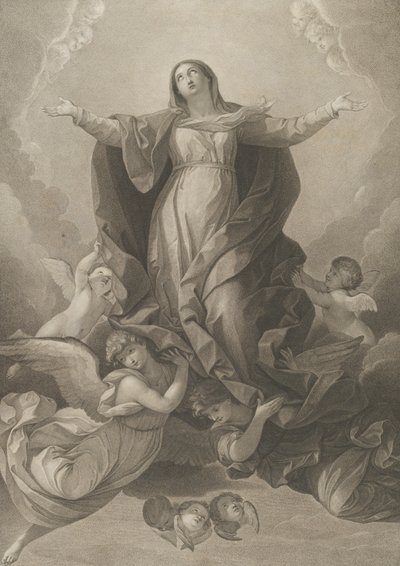 La asunción de la Virgen, que se eleva con los brazos extendidos, ángeles sosteniéndola..., 1792 de Carl Ernst Christoph Hess