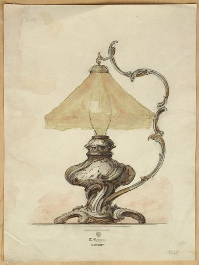 Dibujo de una lámpara de mesa de plata con un cuerpo acanalado retorcido en estilo rococó, Casa de Carl Fabergé de Carl Fabergé