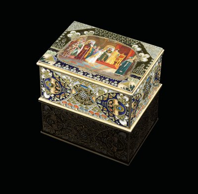 Una caja de mesa con cartucho pintado que representa al zar Alexei Mikhailovich eligiendo una novia, c. 1908-1917 de Carl Fabergé