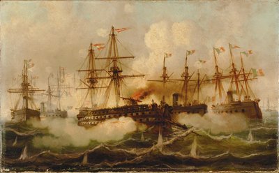 Batalla naval cerca de Lissa ... (pintura sobre lienzo) de Carl Frederik Sørensen