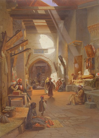 Bazar en Girgah, una de las 24 ilustraciones producidas por G.W. Seitz, impresas c.1873 de Carl Friedrich Heinrich Werner