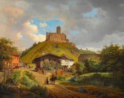 Ruinas del castillo Hilgartsberg y vista de Hofmark en el Danubio, 1829 de Carl Friedrich Heinzmann