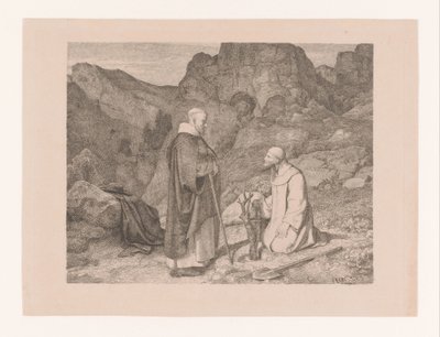 Dos monjes cerca de un árbol podado en un paisaje de montaña de Carl Friedrich Lessing