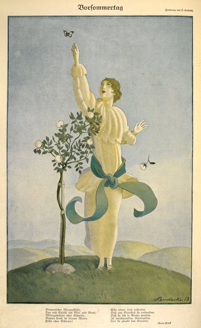 Zeichnung zum Gedicht "Vorsommertag": .Dibujo sobre el poema "Vorsommertag".
Una mujer alcanzando una mariposa. de Carl Friedrich Otto Lendecke