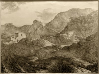 Paisaje montañoso, a la izquierda una casa con un caminante delante de Carl Friedrich von Rumohr