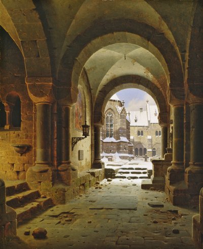 La puerta del monasterio en invierno, 1840 de Carl Georg Adolph Hasenpflug