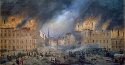 Batalla en Sternbarrikade en Jagerzeile el 28 de octubre de 1848, revolución en Viena, incendio en la ciudad, pintura de Carl Goebel (1824-1899), Austria. de Carl Goebel