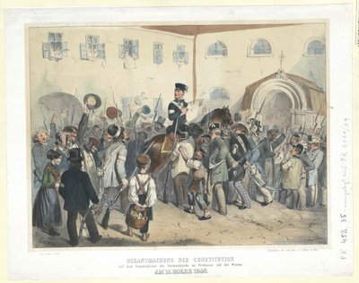 Proclamación de la Constitución en el lugar de reunión de la Guardia Nacional en la Freihaus (Casa Libre) en el Wieden el 15 de marzo de 1848 (litografía coloreada) de Carl Goebel