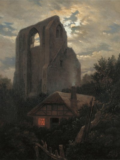 Ruinas del Monasterio de Eldena con cabaña cerca de Greifswald a la luz de la luna, 1820 de Carl Gustav Carus