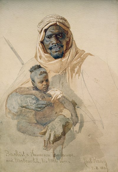 Bachist, un Howazeen Bedawee y Mabzookh, su pequeño hijo, 1859 de Carl Haag