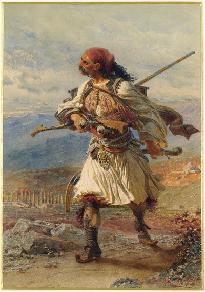 Retrato de un Armatole, guerrero griego, en la época de la Guerra de Independencia griega (1821-1830) - Obra de Carl Haag (1820-1915), acuarela y gouache sobre papel (35x25 cm) de Carl Haag