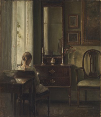 Interior con una niña leyendo de Carl Holsoe