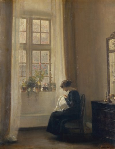 Una niña cosiendo en un interior de Carl Holsoe