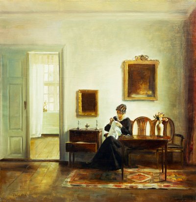 Una mujer cosiendo en un interior de Carl Holsoe