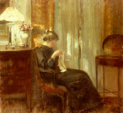 Una mujer cosiendo en un interior de Carl Holsoe