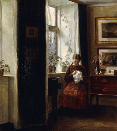 Una joven cosiendo de Carl Holsoe