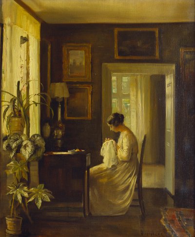 Un interior con una mujer cosiendo de Carl Holsoe