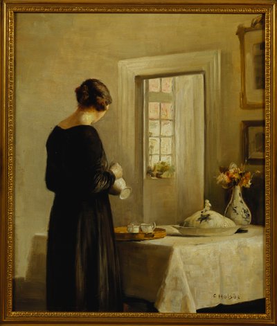 Un Interior con una Mujer en una Mesa de Carl Holsoe