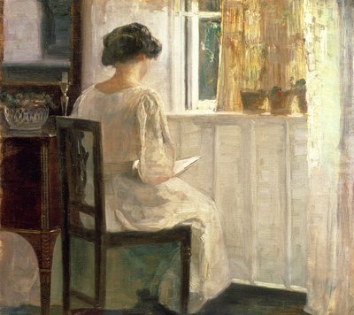 Niña leyendo en una habitación iluminada por el sol de Carl Holsoe