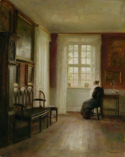 Interior con mujer cosiendo de Carl Holsoe