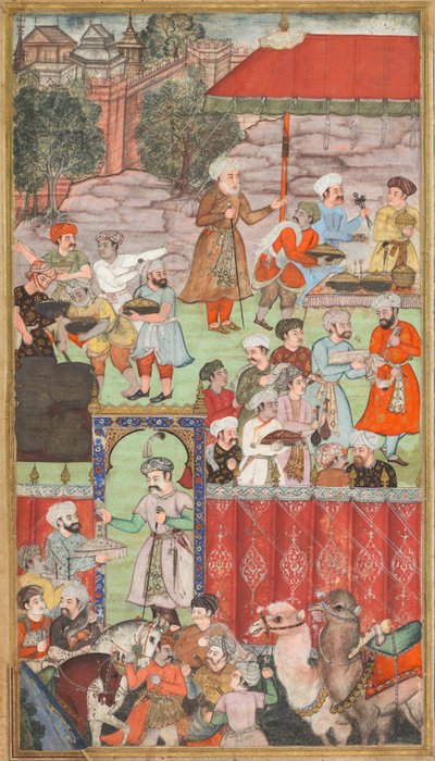 Una fiesta para Babur organizada por su medio hermano Jahangir Mirza en Ghazni en mayo de 1505, de un Babur-nama (Memorias de Babur) de Carl Julius Rieden